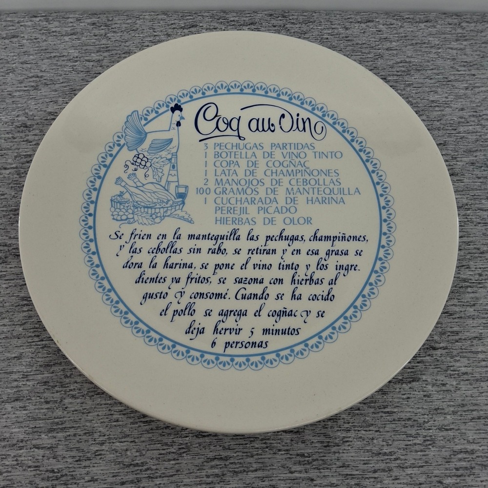 Vtg Coq Au Vin Recipe Plate (In Spanish) Blue & White W/ Rooster Wall Decor